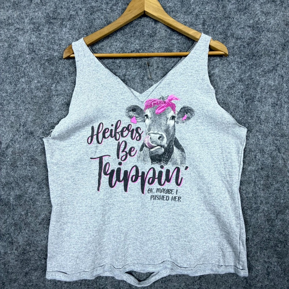 Unbranded Tank Top Womens L Gray Heifers Be Trippin Cow Graphic Distressed Back